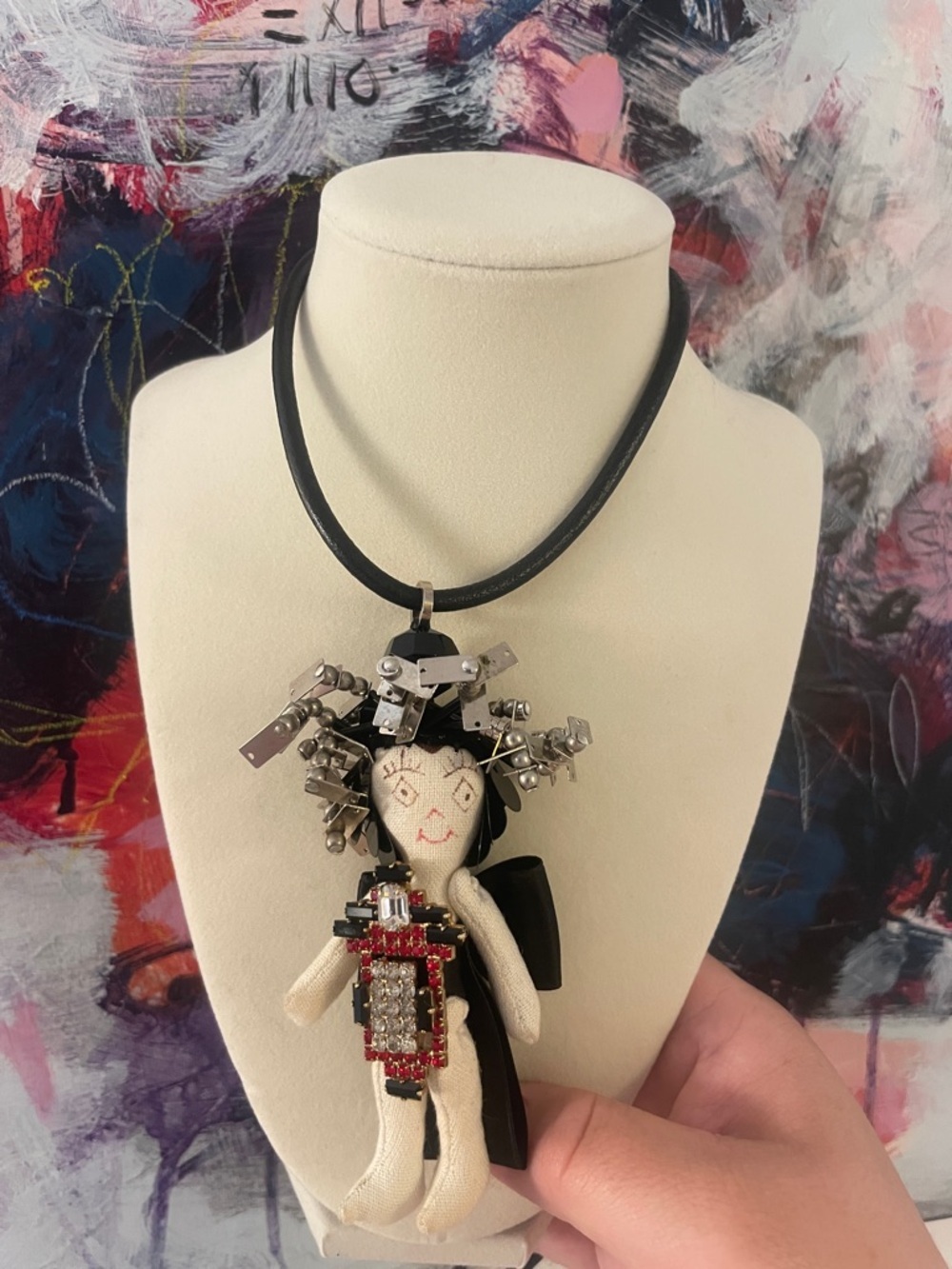 MARNI Handcrafted Black, Cream & Red Doll Pendant Necklace